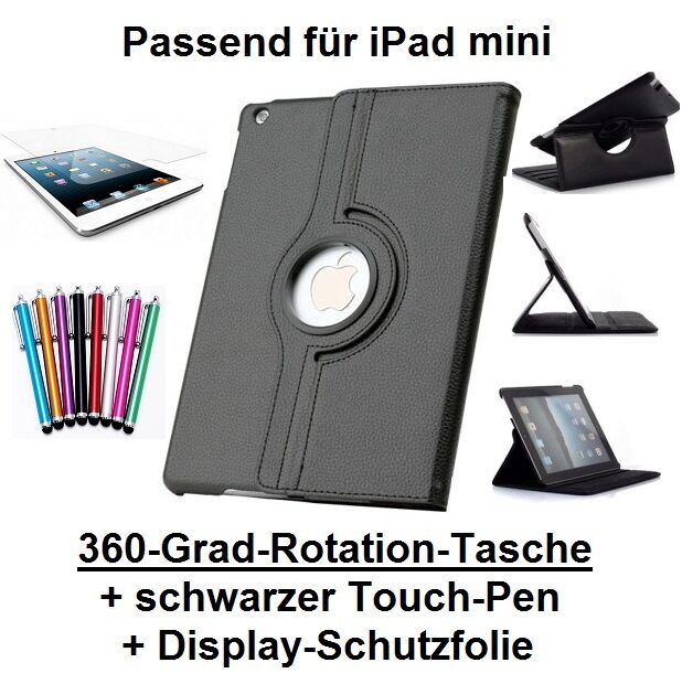 Edle 360° Kunstleder Tasche schwarz für iPad mini inkl. Display-Schutzfolie + Touch-Pen