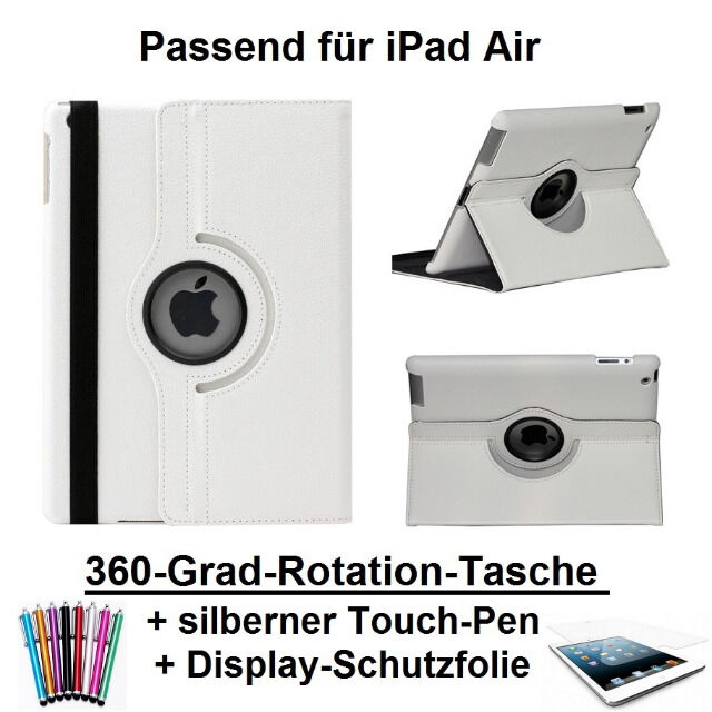 Edle 360° Kunstleder Tasche weiß für iPad Air 5 inkl. Display-Schutzfolie + Touch-Pen Ledertasche Cover Case Hülle