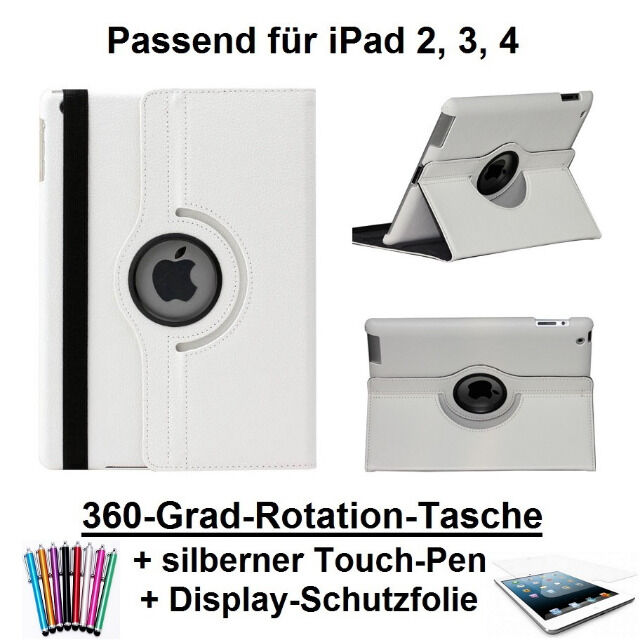 Edle 360° Kunstleder Tasche weiss für iPad 2 3 4 inkl. Display-Schutzfolie + Touch-Pen Ledertasche Cover Case Hülle