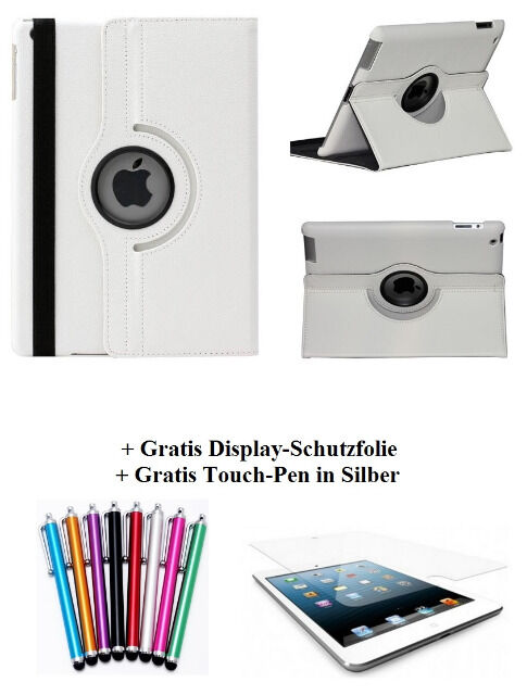 Edle 360° Kunstleder Tasche weiss für iPad 2 3 4 inkl. Display-Schutzfolie + Touch-Pen Ledertasche Cover Case Hülle