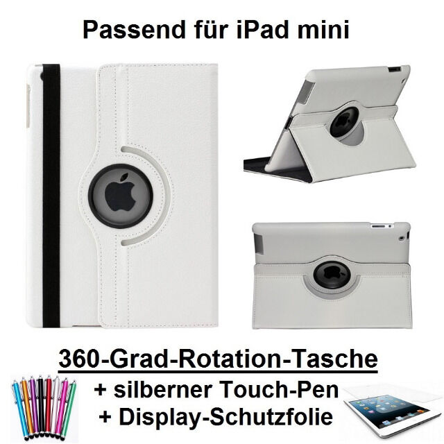 Edle 360° Kunstleder Tasche weiss für iPad mini inkl. Display-Schutzfolie + Touch-Pen Ledertasche Cover Case Hülle