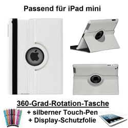 Edle 360° Kunstleder Tasche weiss für iPad mini inkl. Display-Schutzfolie + Touch-Pen Ledertasche Cover Case Hülle