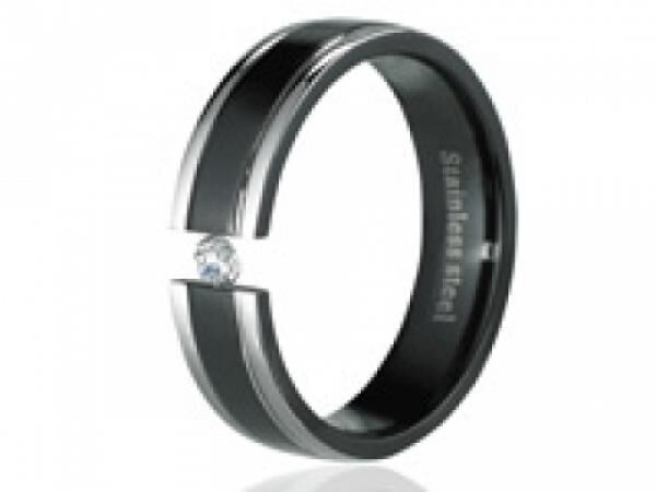 Damenring Edelstahl Schwarz silberfarbener mit Zirkonia Stein Größe 52 / 16,5mm Ring NEU