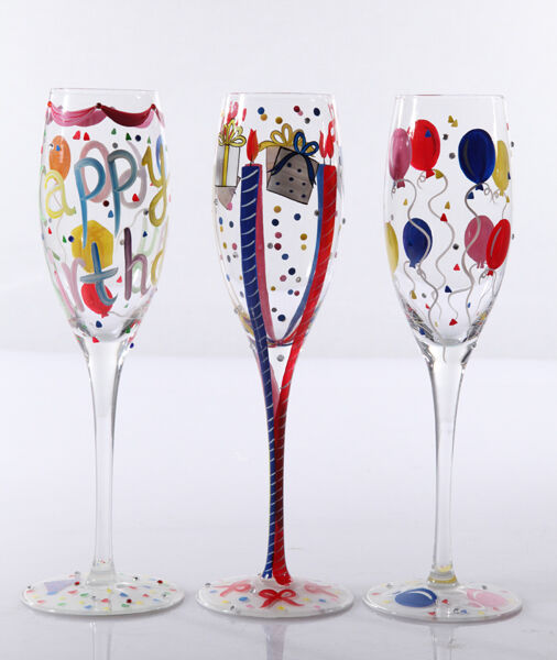 17-19079, Sektglas "Geburtstag" handbemalt, bunt, mit Steinen (14438169