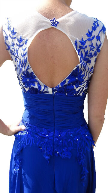 langes Abendkleid DH1503 blau mit Blumenmuster Gr. XS 34 / S 36 / M 38 / L 40 Ballkleid Brautjungfern Kleid