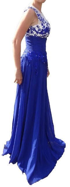 langes Abendkleid DH1503 blau mit Blumenmuster Gr. XS 34 / S 36 / M 38 / L 40 Ballkleid Brautjungfern Kleid