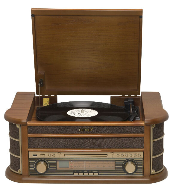 Denver MCR-50MK2 Retro Plattenspieler aus Holz mit Radio CD Kassette USB MP3