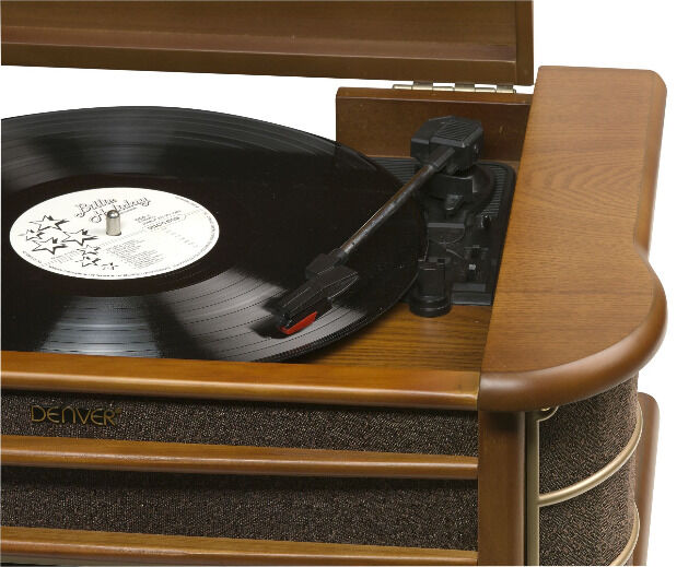 Denver MCR-50MK2 Retro Plattenspieler aus Holz mit Radio CD Kassette USB MP3