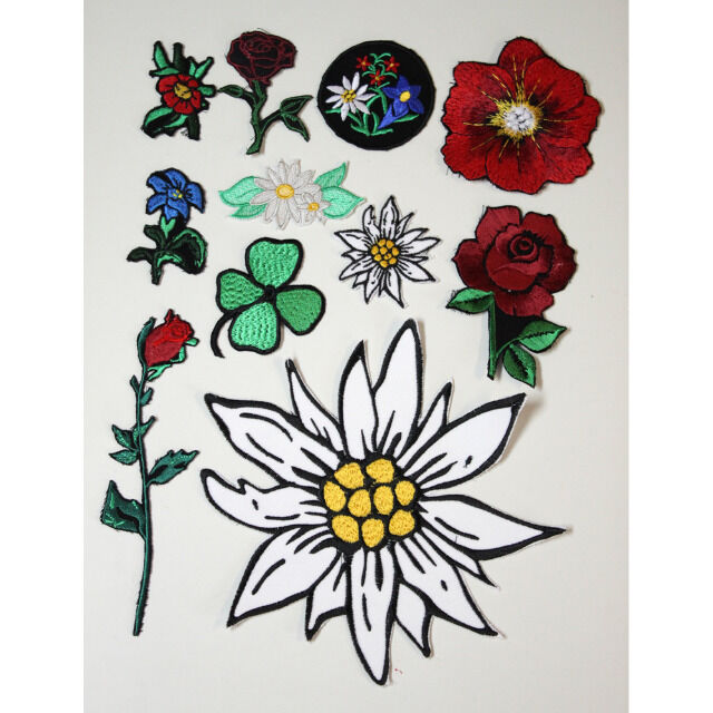 Set 11 x Aufnaeher Set Blumen Edelweiss Enzian Mohn Klee