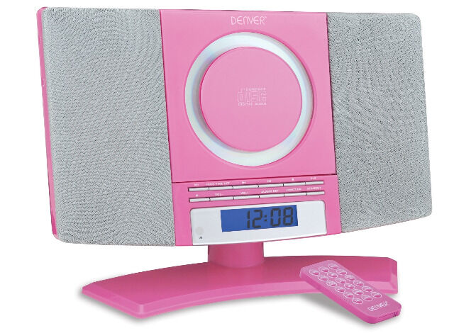 Denver MC-5220 rosa wandmontierbarer CD Player mit FM Radio, Uhr mit Weckfunktion und Fernbedienung Wecker Radiowecker Stereoanlage