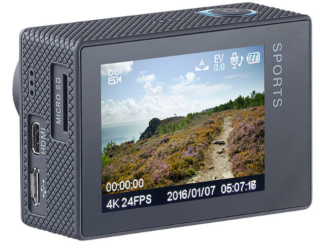 Somikon 4K-Action-Cam UHD 2 Displays 16-MP-Sony-Sensor IP68 Nachtsicht Bewegungserkennung Dashcam WLAN Kamera Actioncam Wasserdicht Sport 