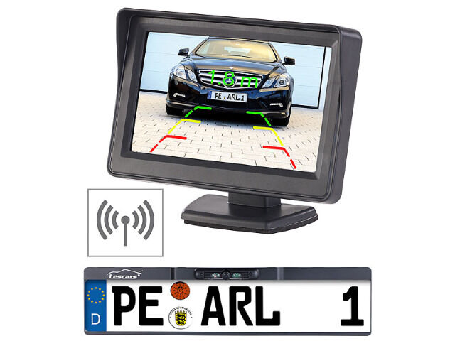Lescars Funk-Rückfahrkamera 10,9-cm-TFT-Monitor Rückfahrhilfe im Nummernschild Parksensoren Rückfahrkamera Rückfahrwarner Einparkhilfe