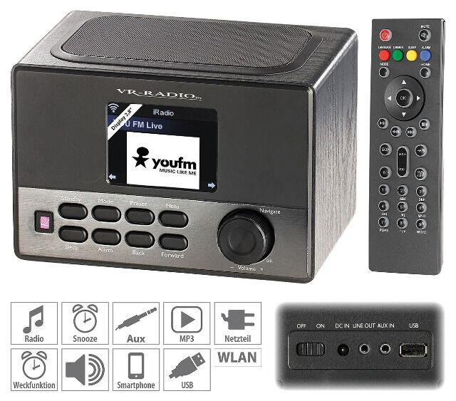 VR Radio WLAN-Internetradio Wecker USB-Ladestation 8 Watt 7,2cm Display Radiowecker Streamingradio Streaming WLAN Internet Bildschirm