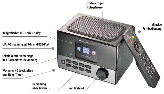VR Radio WLAN-Internetradio Wecker USB-Ladestation 8 Watt 7,2cm Display Radiowecker Streamingradio Streaming WLAN Internet Bildschirm