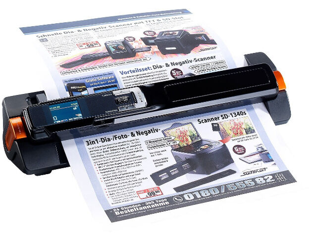 Somikon 2in1-Handscanner mobiler Scanner mit Dockingstation Papier Dokumentenscanner 900 dpi für Foto Text Buch Visitenkartenscanner