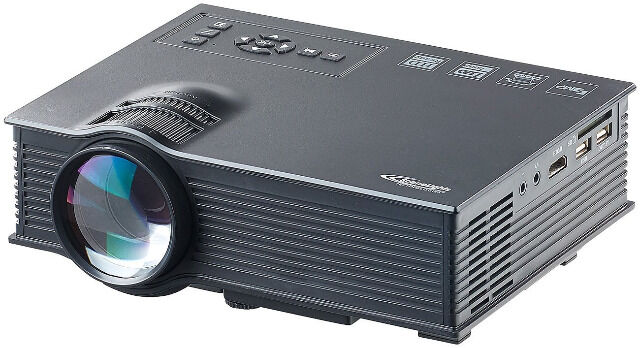 SceneLights Mini portabler LED-Beamer LB-8300.mp mit Mediaplayer, 800 x 480 Pixel LCD HDMI Projektion projezieren Heimkino Kino Fussball