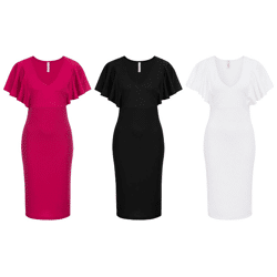 Damen Kleid Volant Ärmel Kleider Rosarot Schwarz Weiß Elegante Mode