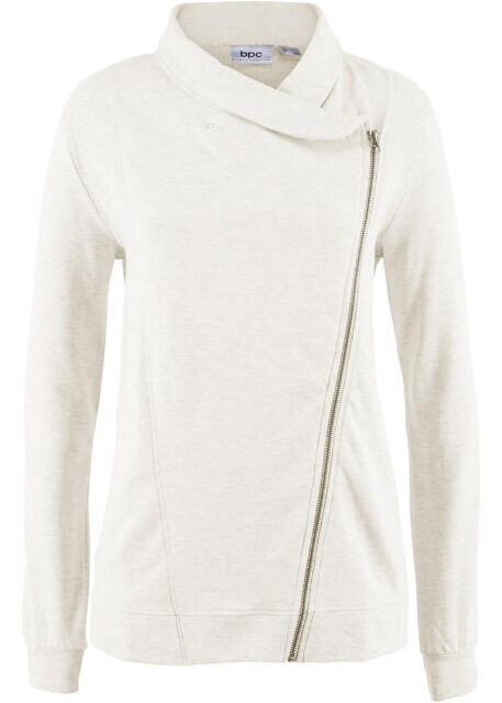 Damen Sweat Bikerjacke Sweatjacke Pullover Schalkragen Jacke Pulli Natur