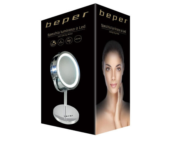 Beper 40.290 runder LED Kosmetik Spiegel 360° Rotation 5-Fach Vergrößerung Doppelspiegel 15 cm Durchmesser Kosmetikspiegel