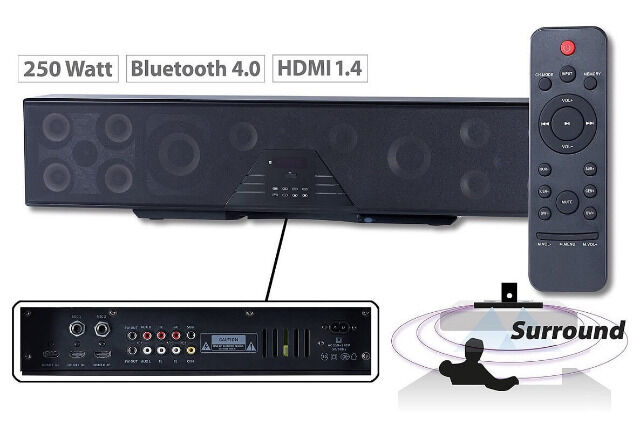 Auvisio 6-Kanal-3D-Soundbar 5.1-Surround-Sound Bluetooth 4.0, HDMI, 250 Watt, Lautsprecher Bar Soundbox Musikbox Dolby Heimkino