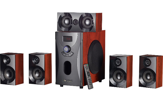 auvisio Holzoptik 5.1 Home-Theater Surround-Sound-System, 160 Watt, MP3/Radio Kompaktanlage, Stereoanlage, Subwoofer, Holz, Holzoptik, Wurze