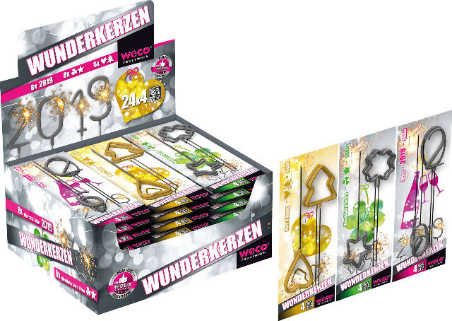 Weco Wunderkerzen Formen 3-fach sortiert, 4er-Blister im Display für Geburtstag Hochzeit Silvester
