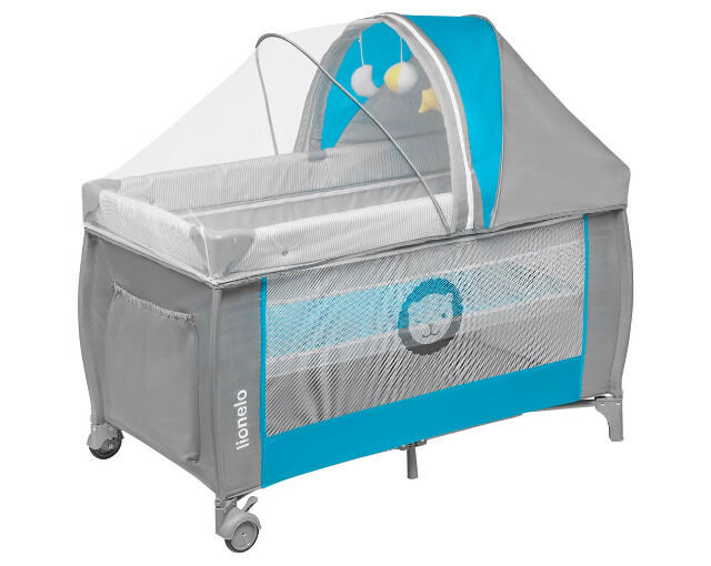 Lionelo Sven Plus in blau grau Kinder Baby Reisebett mit Wickeltisch Kinderbett Babybett Baby Babies Eltern Vater Mutter Schlafen Schlaf 