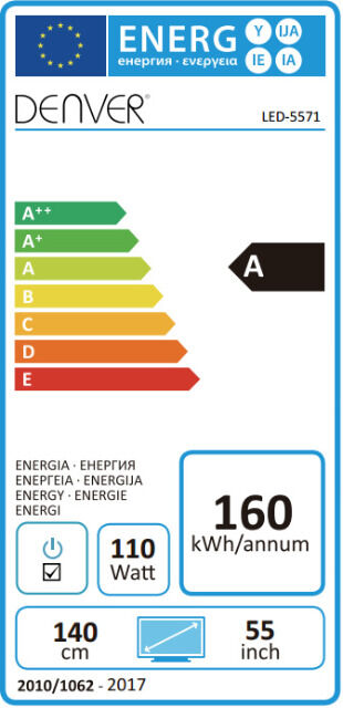 Denver LED-5571 55 Zoll 4K Ultra-HD LED TV Fernseher mit Triple Tuner, DVB-T2 /-C /-S2 HDMI, Ci+  Energieeffizienzklasse: A