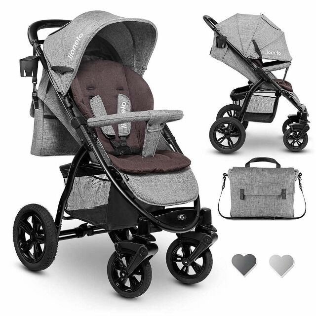 Lionelo Gelände-Buggy Annet TOUR in grau Kinderwagen mit Gummireifen, Tragetasche, Sitzpolster, Moskitonetz, Fusssack, Getränkehalter