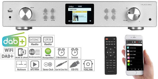 VR-Radio IRS-711 Digitaler WLAN-HiFi-Tuner mit Internetradio, DAB+, UKW, MP3, Alu-Optik