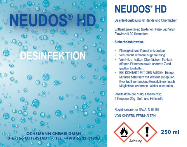 Neudos HD 250 ml Handdesinfektionsspray für Hände und Oberflächen - made in Germany! Desinfektionsmittel in Pumpflasche