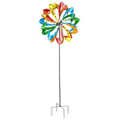XXL Doppelwindrad Windrad Garten Dekoration Windspiel Metall 140 cm Ø 38 cm Kupfer Antik oder Multicolor