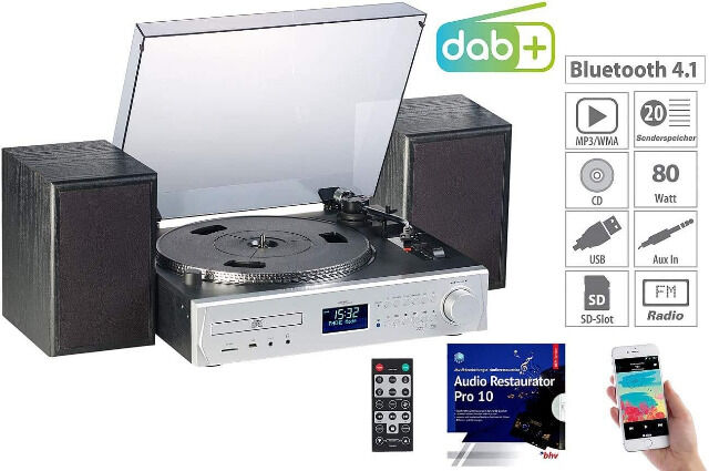 auvisio Musikanlage MHX-620 Plattenspieler/Digitalisierer, BT, DAB+, CD, MC, USB, MP3, Kompaktanlage Stereoanlage Digitalradio