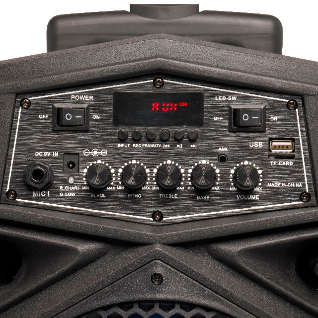 Denver TSP-110 8-Zoll-Bluetooth-Trolley-Lautsprecher mit Lichteffekt auf der Vorderseite USB, MicroSD-Kartensteckplatz, AUX-Eingang