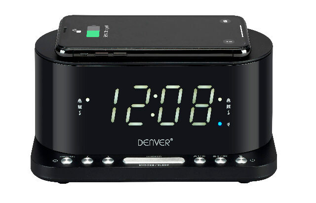 DENVER CRQ-110 FM Clockradio mit QI-Aufladung Dual-Alarm-Funktion und USB zum Aufladen von Telefonen ohne QI-Aufladung