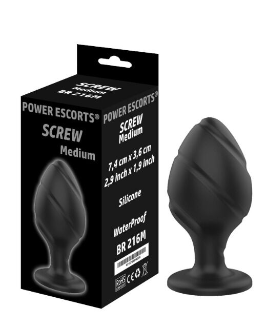 Power Escorts - BR216M - Screw Plug Medium Anal Plug - 7,4 CM x 3,6 CM / 2,9 Inch x 1,9 Inch - Butt plug - Black - quality Silicone - Erotik
