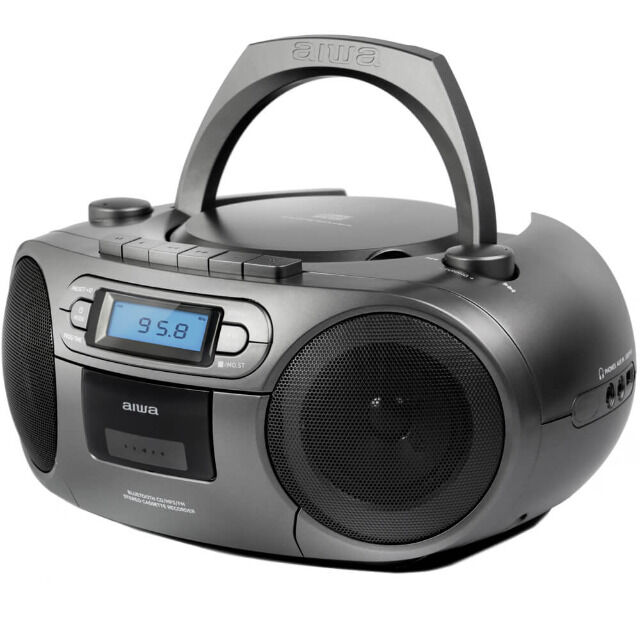 Aiwa BBTC-550MG GRAU Tragbarer CD Player mit Radio, Kassette, Bluetooth und USB, CD Spieler, Boombox