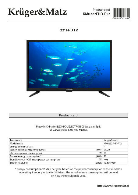 22 Zoll FullHD TV Krüger&Matz KM0222 TV DLED Triple Tuner DVB-T2/T/C USB CI+ Fernseher Bildschirm Wandmontage Fernsehgerät EEK: F