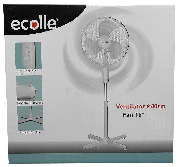 Ecolle 79702 Standventilator 40cm Durchmesser 45 Watt Rotation 3 Stufen Ventilator Kühle Frische Luft Sommer 