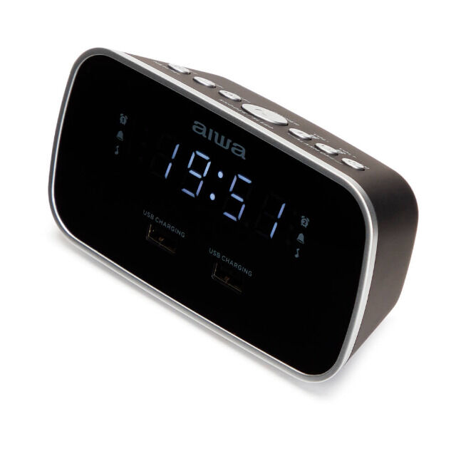 Aiwa CRU-19BK Schwarz Radiowecker LED-Display USB Ladefunktion Dimmer FM-Radio Uhr Uhrzeit Smartphone Tablet
