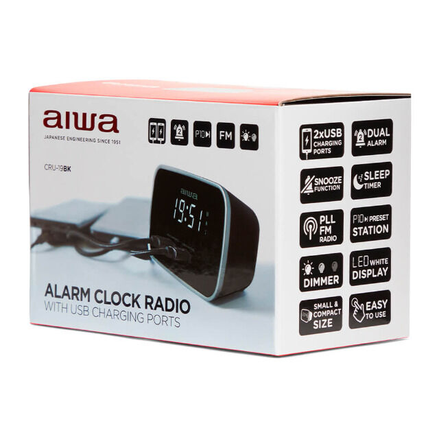 Aiwa CRU-19BK Schwarz Radiowecker LED-Display USB Ladefunktion Dimmer FM-Radio Uhr Uhrzeit Smartphone Tablet