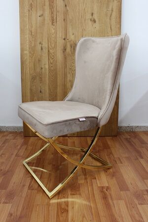 Stuhl Rose Sand Samt + Metall Gestell Gold + Neu auf Lager 