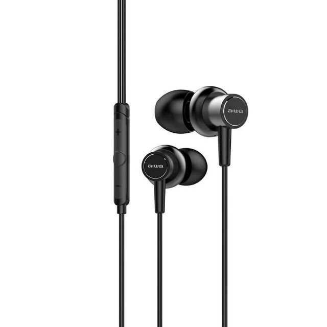 Aiwa ESTM-500BK In-Ear Kopfhörer schwarz kabelgebunden Headset mit 3,5 mm 5mW Klinkenstecker mit Zubehör Freisprechfunktion