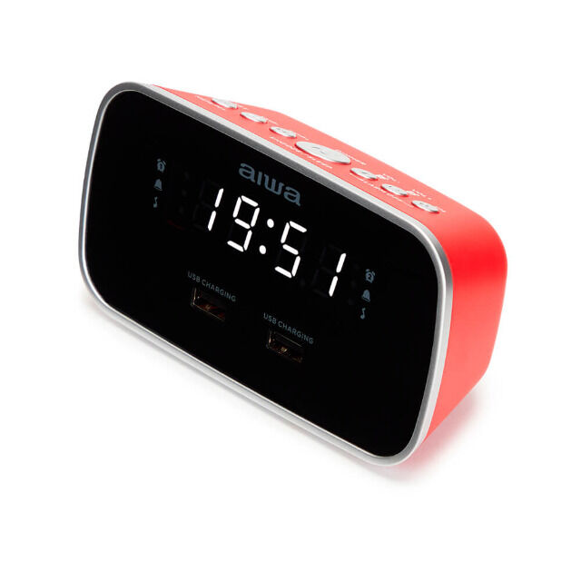 Aiwa CRU-19RD Rot Radiowecker LED-Display USB Ladefunktion Dimmer FM-Radio Uhr Uhrzeit Smartphone Tablet