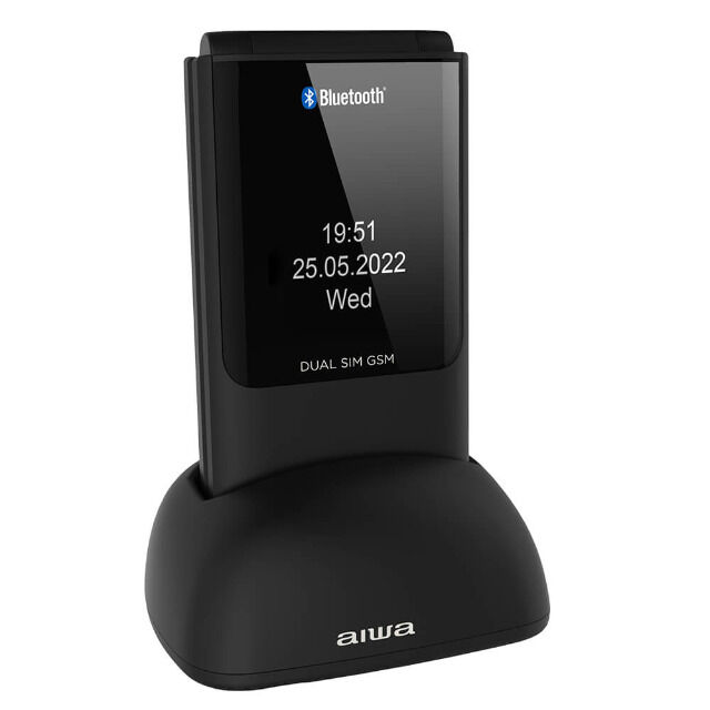 Aiwa FP-24BK SCHWARZ Senioren-Klapphandy mit Ladeschale, Bluetooth, Klapphandy, Dual-SIM, Farbdisplay, SOS, Notruf, 32MB ROM, 32MB RAM, GPRS