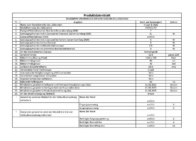 Krüger & Matz 32 Zoll HD DLED TV KM0232-T2 Triple Tuner DVB-T2/T/C USB CI+ Fernseher Fernsehgerät CI+ Slot für PayTV EEK: F