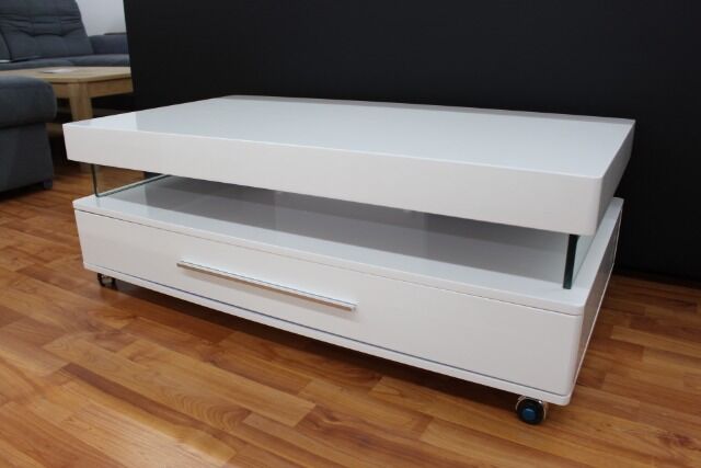 Coffee table high gloss white + drawer + castors 