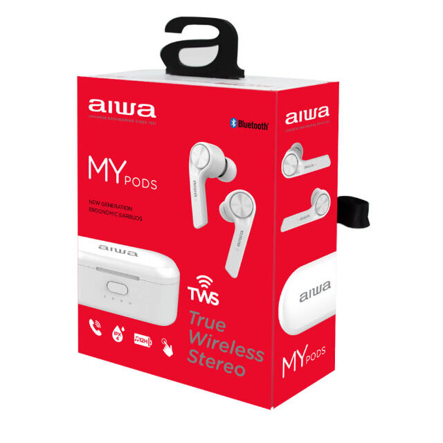 Aiwa ESP-350WT Weiß In-Ear Bluetooth Kopfhörer mit Ladestation IPX4 wasserdicht TWS Powerbank Audio Smartphone Touch Ladebox wireless