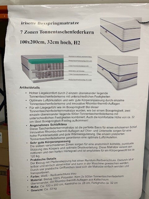 2x irisette Boxspringmatratze 7 Zonen Tonnentaschenfederkern 100x200 cm, 32cm hoch