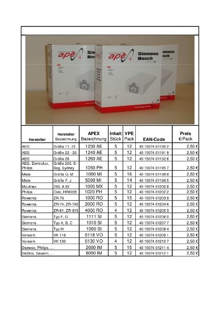 Apex Staubsaugerbeutel für viele Markengeräte wie z.B Vorwerk , Miele 1 Palette mit 228 Packungen